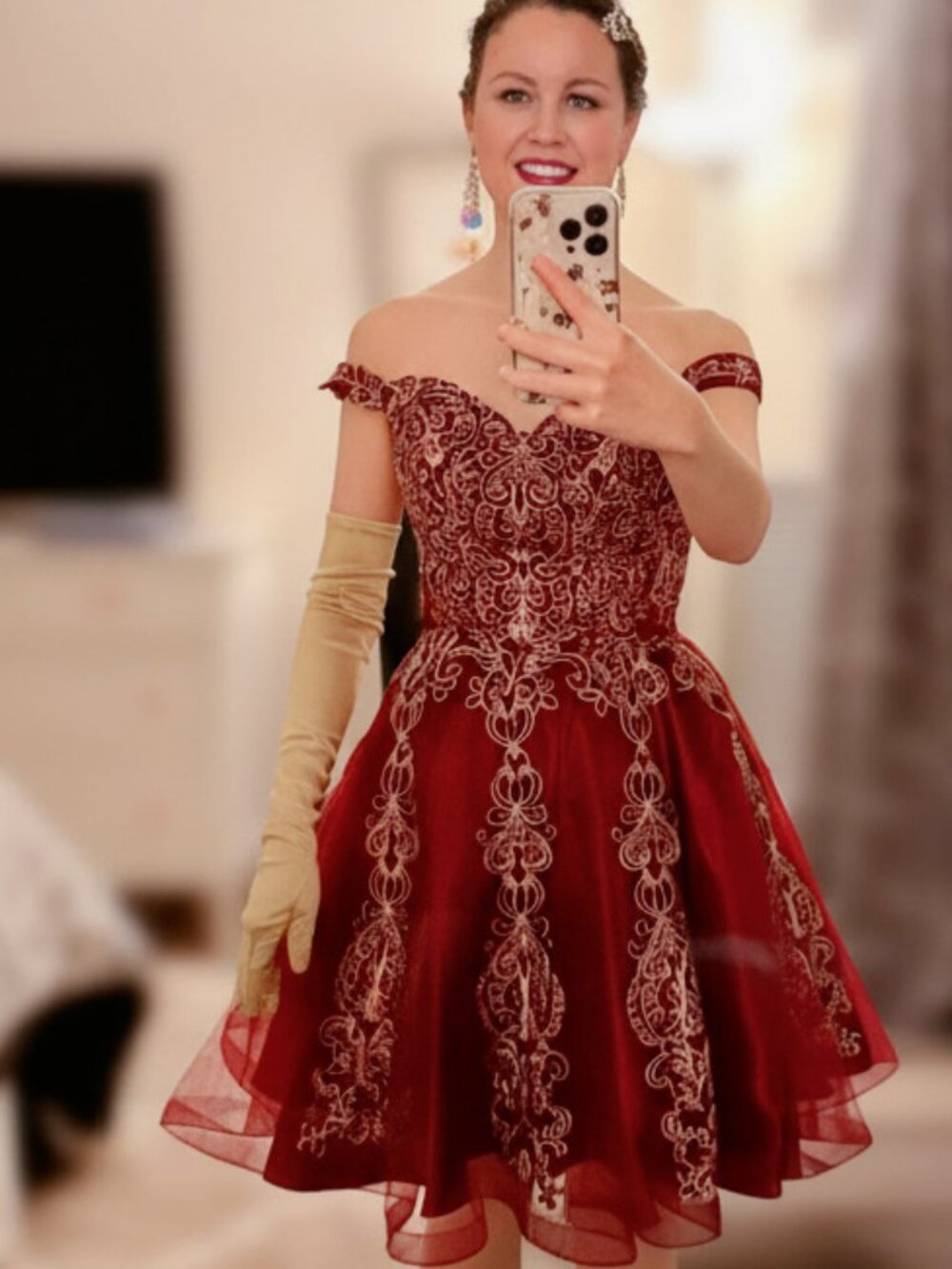 Red and Gold Off the Shoulder Dress